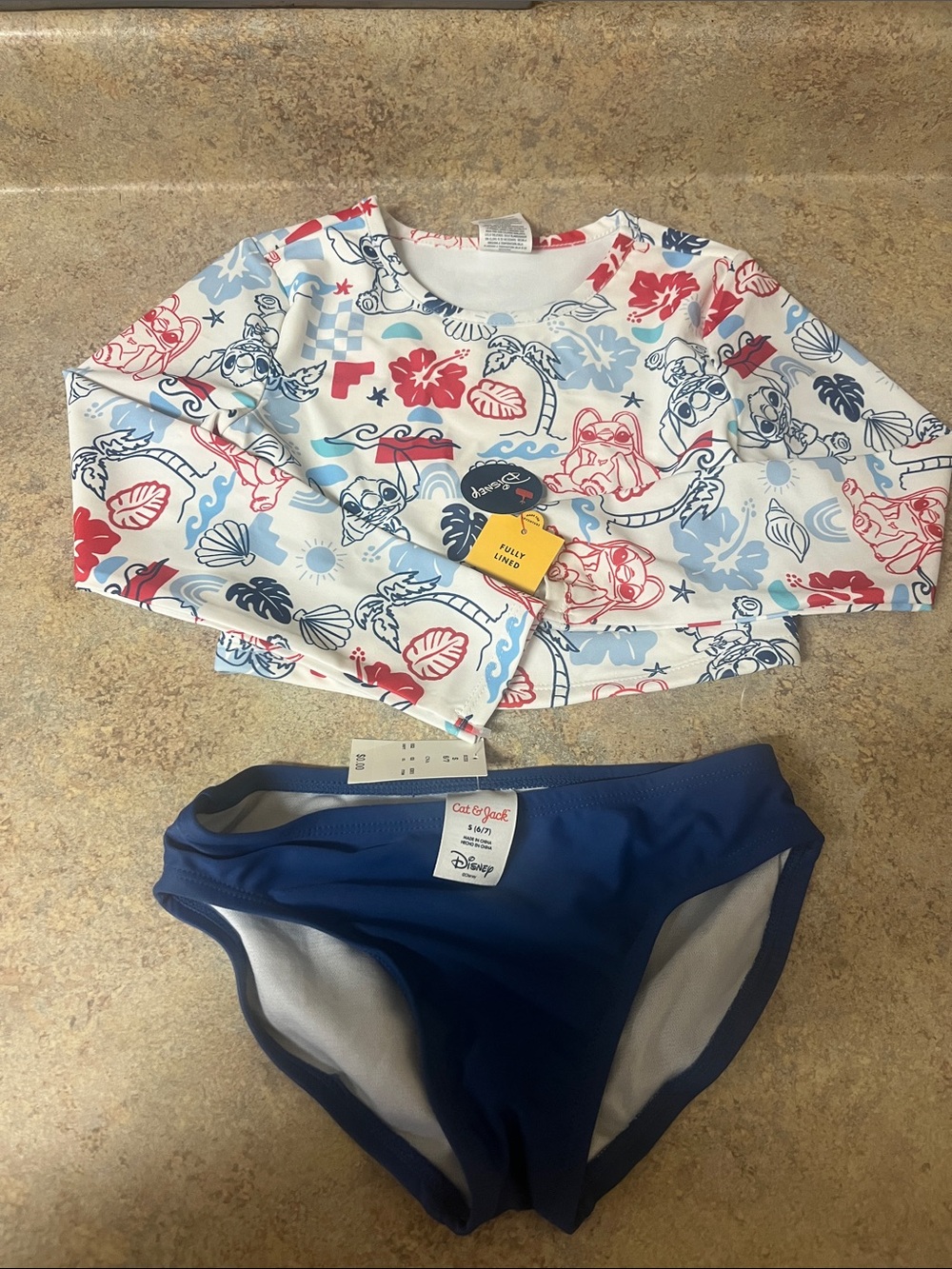 Disney Girls White, Navy & red Lilo& Stitch  Print Rashguard Swim Set
